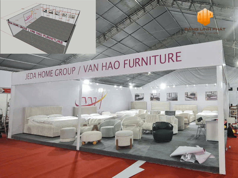Hình ảnh đối chiếu giữa bản thiết kế và công trình gian hàng Vạn Hào đã hoàn thiện tại SECC.