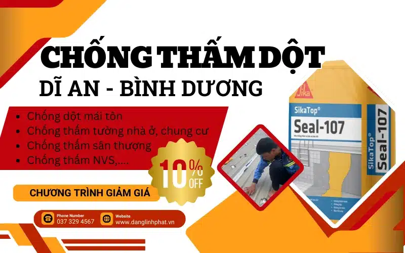 Banner dịch vụ chống thấm dột Dĩ An – Giải pháp toàn diện cho nhà ở, văn phòng, nhà xưởng.
