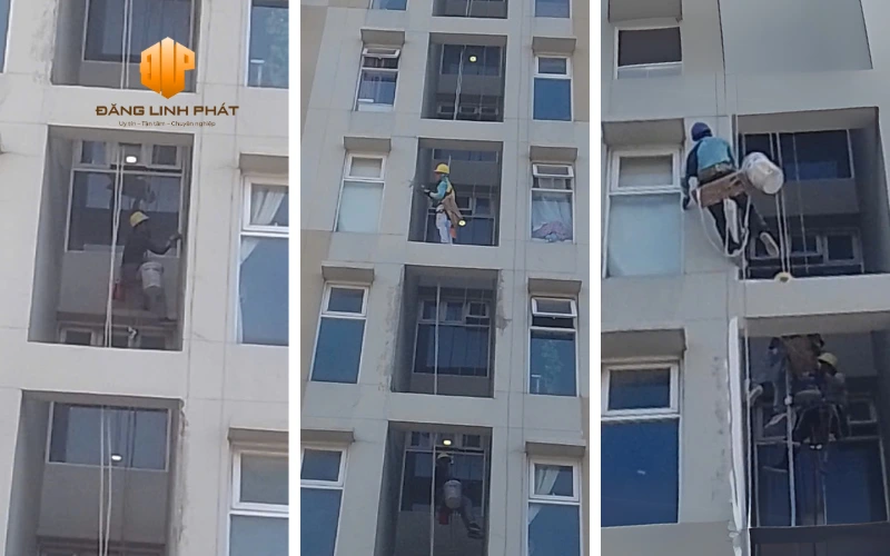 Thợ chuyên nghiệp đu dây chống thấm mặt đứng công trình