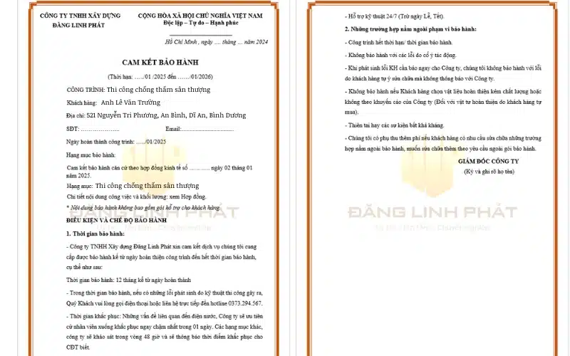 Cam kết bảo hành công trình chống thấm tại Dĩ An – Hotline 0373294567.