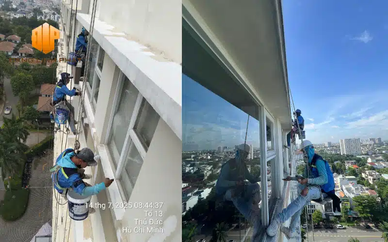Thợ đu dây thi công chống thấm tại chung cư Flora Fuji, Quận 9 – Xây Dựng Đăng Linh Phát