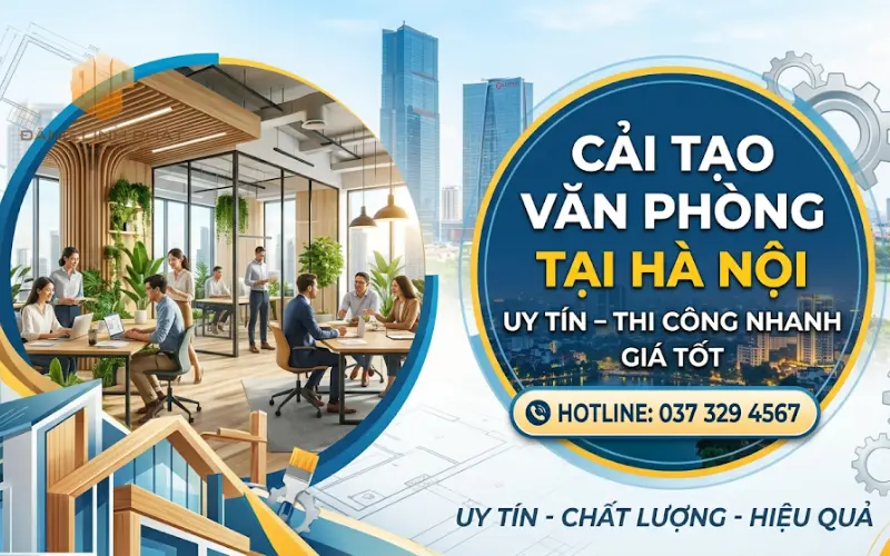 Hình ảnh thi công cải tạo văn phòng tại Hà Nội với không gian hiện đại, bố trí tối ưu công năng và ánh sáng.